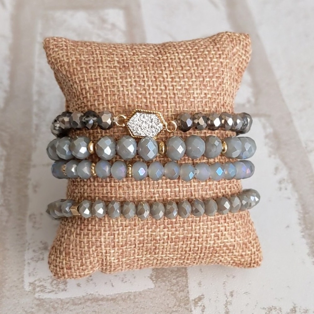 Silver & Gray Crystal Beaded Boho Bracelets Multi Layer Stretch Natural Gemstone - Picture 5 of 12
